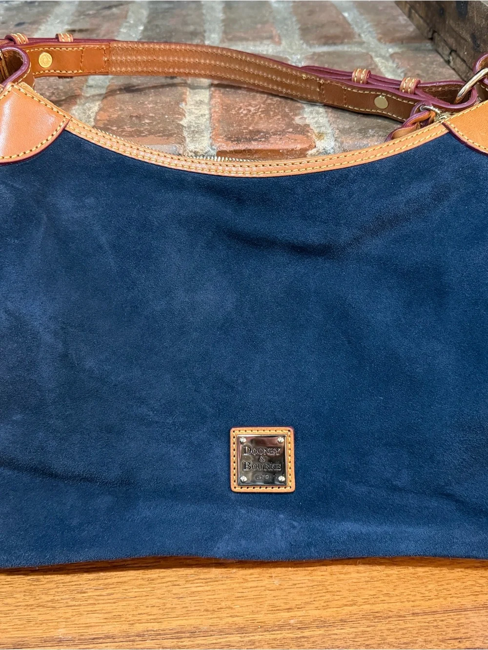 Dooney & Bourke Navy Suede hobo Shoulder Bag with Tan Leather Trim